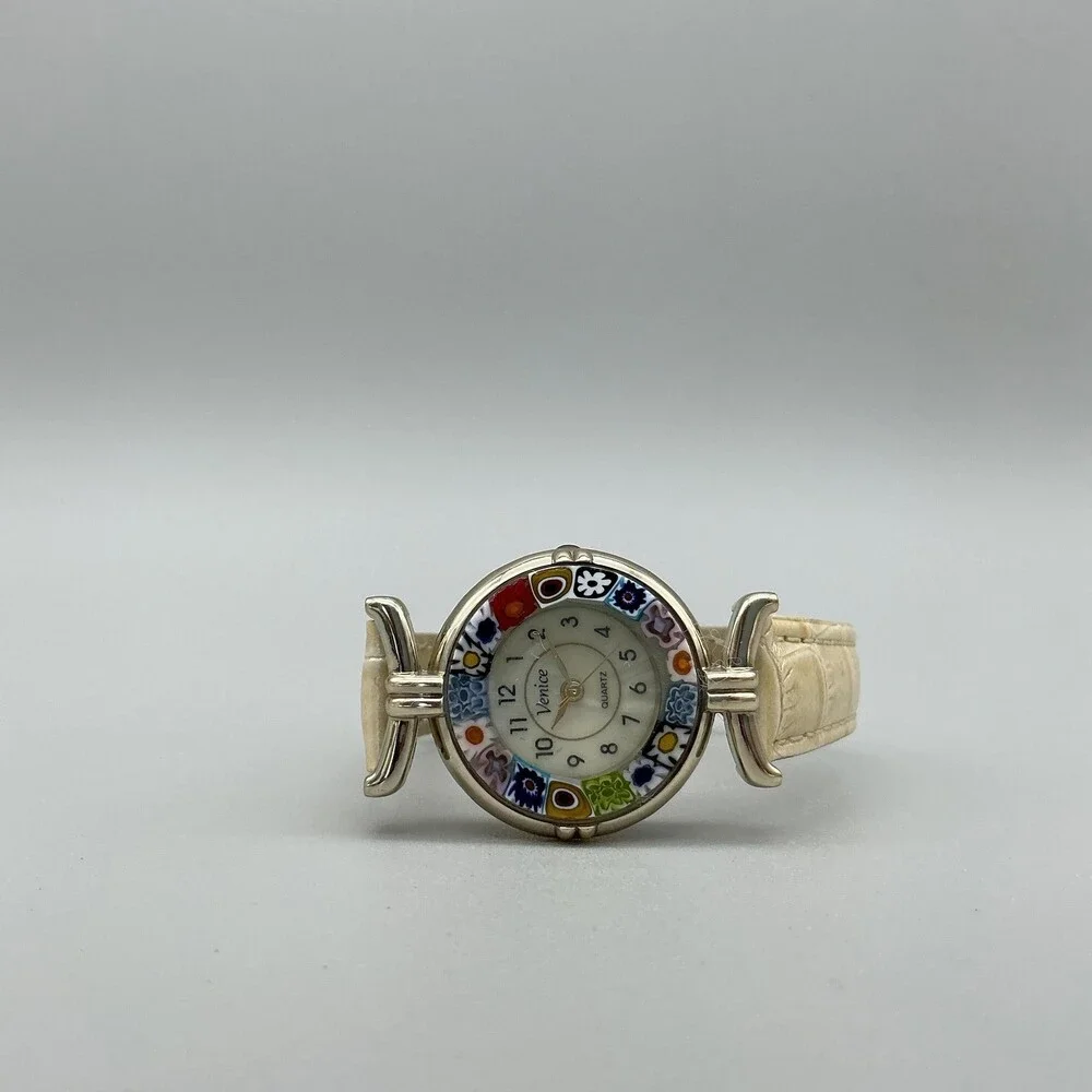 Venice Womens Watch 27mm Multicolor Floral Bezel Gold Tone Leather New Battery